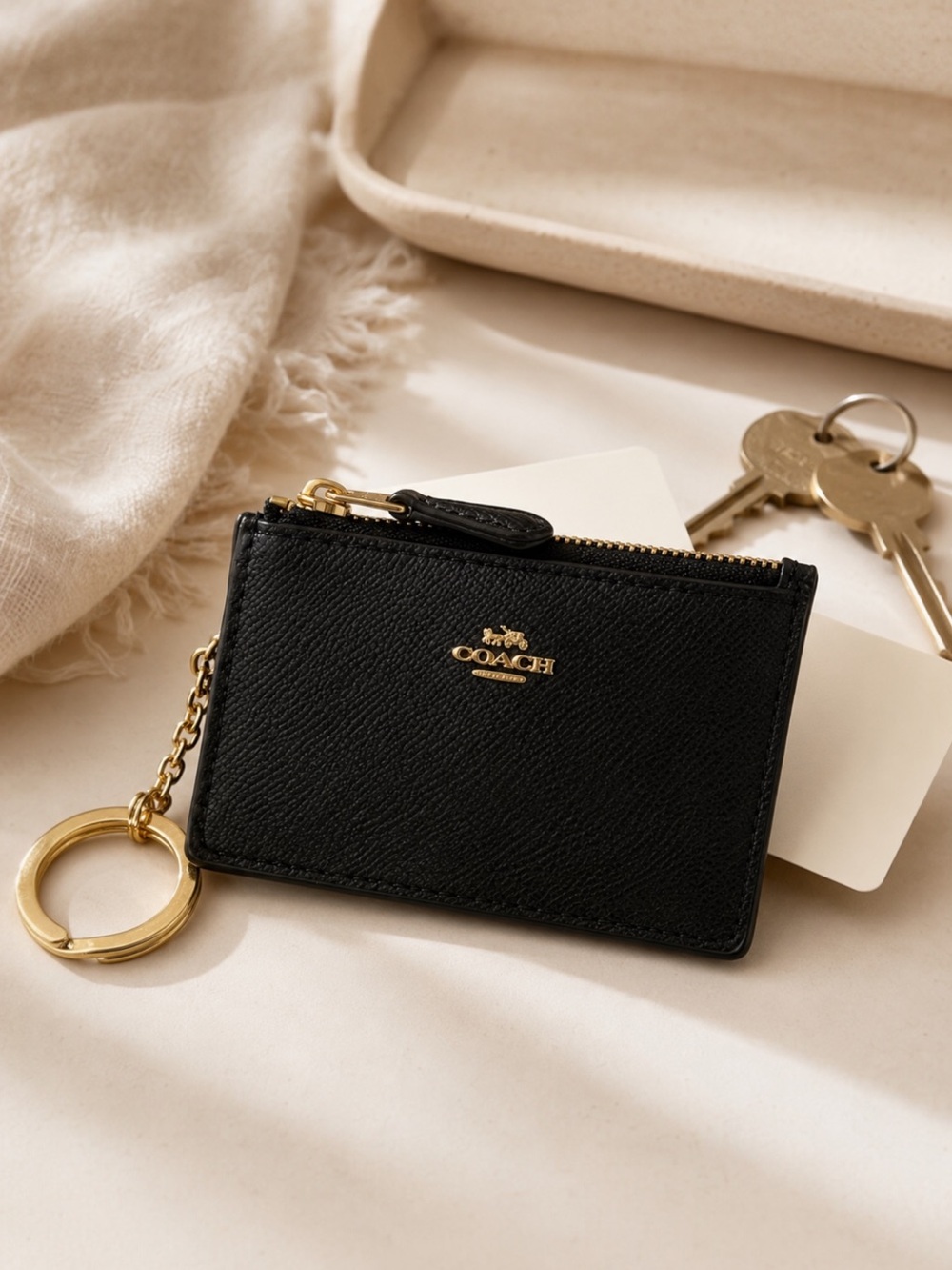 Coach Mini Skinny ID Case Black Leather Keychain Wallet 57841